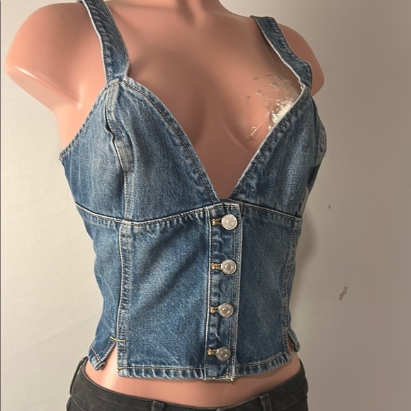 ZARA women's DENIM TOP BUTTONED STRAP Top Retro BUSTIER BLUE Size XL - Picture 1 of 12